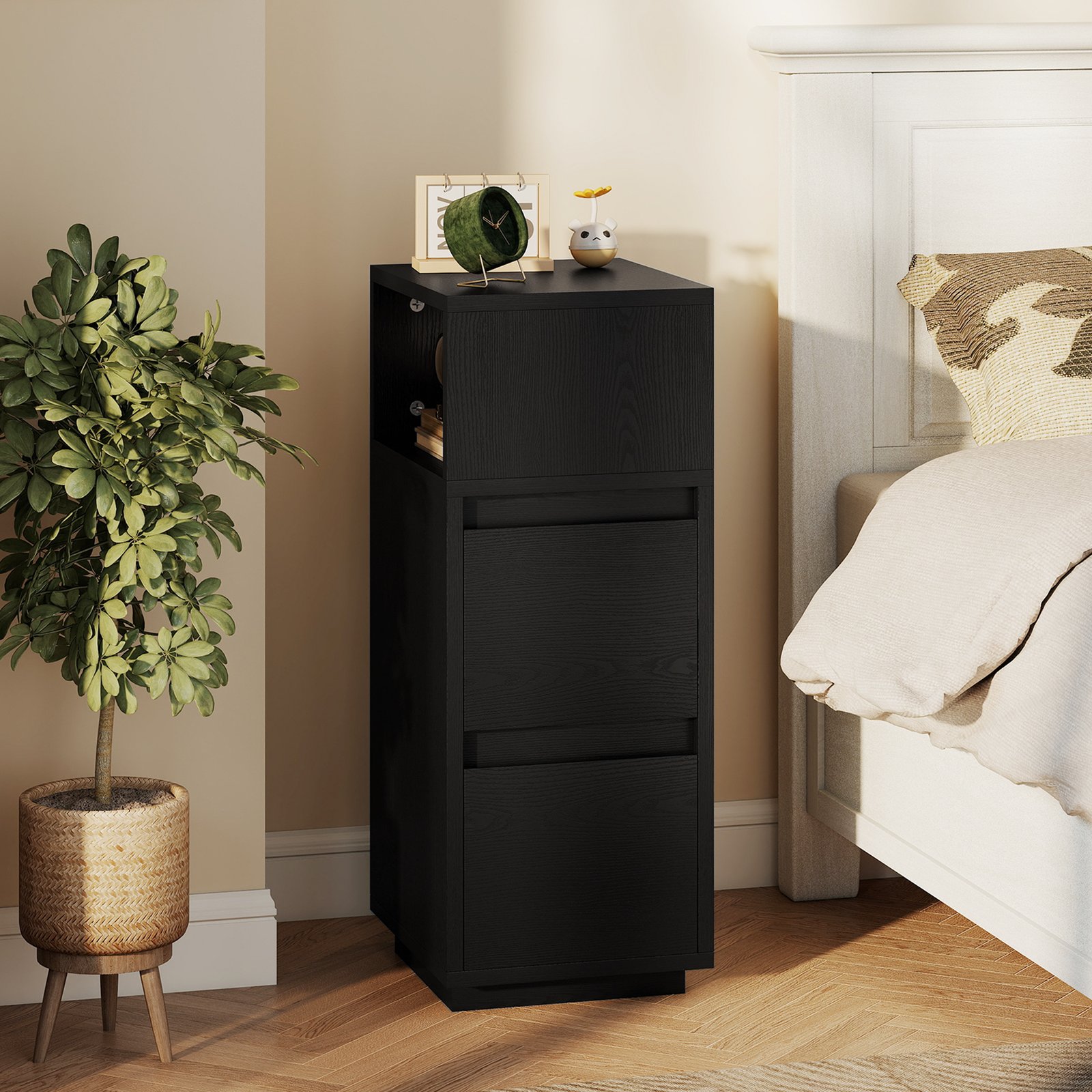 HOMCOM Slim Bedside Table, Narrow Bedside Cabinet with Open Shelf and 2 Drawers for Bedroom, Living Room, Black