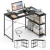L-shaped Desk with Power Outlet with Reversible Adjustable Storage Shelves-Black