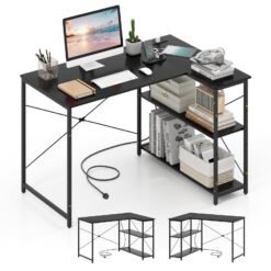 L-shaped Desk with Power Outlet with Reversible Adjustable Storage Shelves-Black