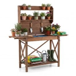 Outdoor Potting Bench Table Wooden Garden Workstation with Sliding Tabletop-Brown