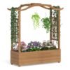 Raised Garden Bed with Trellis Solid Wood Planter with Hanging Roof-Brown