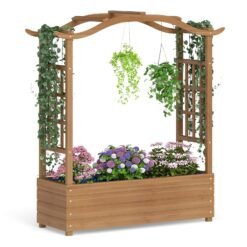 Raised Garden Bed with Trellis Solid Wood Planter with Hanging Roof-Brown