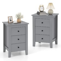 Wooden Nightstand Set of 2 with 3 Drawers and Stable Structure-Grey