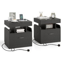 Nightstand with Charging Station Set of 2 with Drawer and Sliding Top Storage-Black