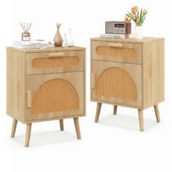 Rattan Nightstand Set of 2 Boho Bedside Table with Rattan-decorated Door