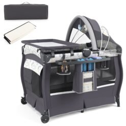 5 in 1 Portable Pack and Play with Bassinet and Mattress-Grey