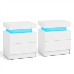 Set of 2 Faux Marble Modern Nightstand with Drawers and LED Light White