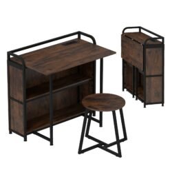 Folding Computer Desk with Stool and Storage Shelves with AC Outlets-Rustic Brown