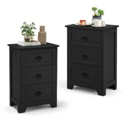 2 Pack Vintage 3-Tier Nightstand with Exquisite Metal Handles-Black