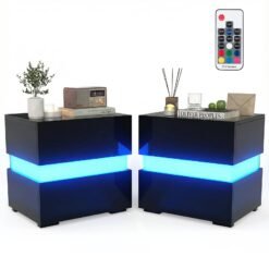 Set of 2 Bedside Table LED Nightstand with Drawers-Black