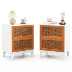 2 Pack Boho Nightstands with 2 Handwoven Rattan Decorated Drawers-White
