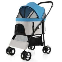 Foldable Pet Stroller with 4-Level Adjustable Canopy and Storage Basket-Blue