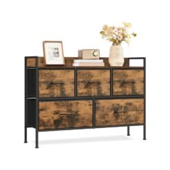 Chest of Drawers for Bedroom 5 Fabric Drawers with Handles Rustic Brown and Ink Black