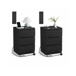 KAILYN Collection Bedside Tables with Power Strip Ebony Black