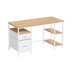 Computer Desk with 3 Shelves 2 Drawers 60 x 140 x 76 cm Natural Oak and Pearl White