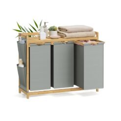 3-Compartment Laundry Basket, 150L with Shelf & Pockets, Dove Grey