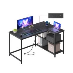 L Shaped Corner Desk 110 x 80 cm with Power Outlets 2 USB Ports Ebony Black