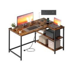L Shaped Corner Desk 110 x 80 cm with Power Outlets 2 USB Ports Rustic Brown