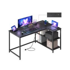 L Shaped Corner Desk 120 x 80 cm with Power Outlets 2 USB Ports Ebony Black