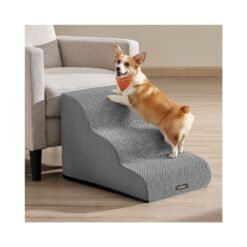 3-Step Dog Stairs Waffle-Patterned Corduroy Dog Steps for Bed Dove Grey