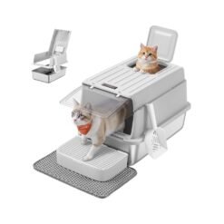 Stainless Steel Cat Litter Box with Flip Lid 2 Doors for Cats up to 15 kg Light Grey