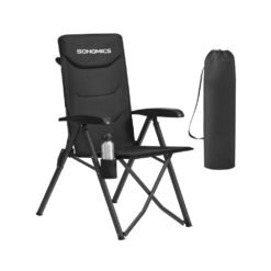 Reclining Camping Chair with Padded Seat and Cup Holder Black