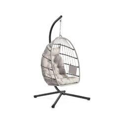 Outdoor Hanging Egg Chair with Foldable Basket and Cushion White