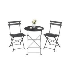 Folding Outdoor Bistro Set with Table and 2 Chairs for Balcony and Garden Ink Black