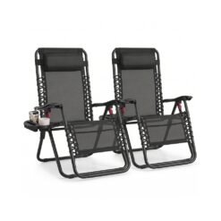 Set of 2 Folding Zero Gravity Reclining Chairs Set with Tray and Adjustable Headrest Black