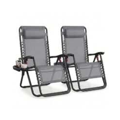 Set of 2 Folding Zero Gravity Reclining Chairs Set with Tray and Adjustable Headrest Dark Grey