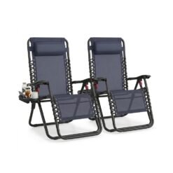 Set of 2 Folding Zero Gravity Reclining Chairs Set with Tray and Adjustable Headrest Dark Blue