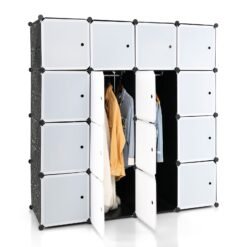 16 Cube Cabinet Storage Organizer with 2 Clothes Hanging Rails -Black &amp; White