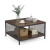 Square Coffee Table 2-Tier Center Table with Open Storage Shelf Industrial-Brown