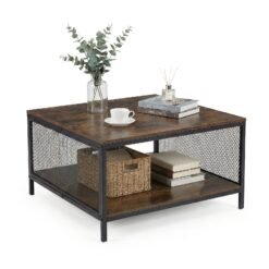Square Coffee Table 2-Tier Center Table with Open Storage Shelf Industrial-Brown