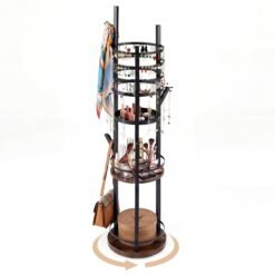 Jewelry Organizer Stand 360° Rotating Floor Jewelry Storage Rack Free Standing Jewelry Display Tower-Rustic Brown