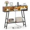 3-Tier Console Table with LED Light and Charging Station-Rustic Brown