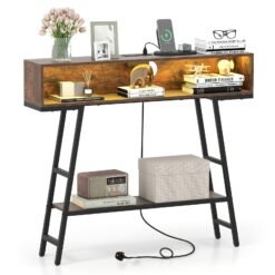 3-Tier Console Table with LED Light and Charging Station-Rustic Brown