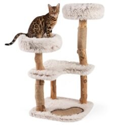 101CM Cat Tree Tower with Real Wood Natural Branch and 2 Padded Perches-Natural & White