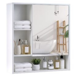 Bathroom Wall Mirror Cabinet with Single Door and 3 Open Shelves-White