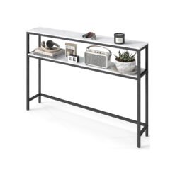 2-Tier Console Table for Hallway Marble White and Ink Black