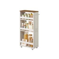 4-Tier Slim Kitchen Storage Trolley with Wheels 20 x 43.2 x 86.5 cm, Rustic White and Honey Brown