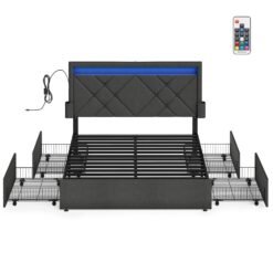 Double Bed Frame with LED Lights and Underbed Storage Drawers Slate Grey
