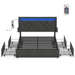 King Bed Frame with LED Lights and Underbed Storage Drawers Slate Grey