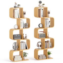 2/3/4/5-Tier Set of 2 S-Shaped Bookcase Bamboo Bookshelf with Open Cubes-5-Tier