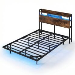 King Size Bed Frame with LED Lights and Charging Station-Rustic Brown