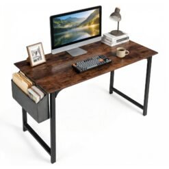 100 CM Computer Desk with Storage Bag and Hanging Hook-Rustic Brown