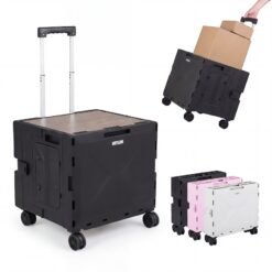 Foldable Utility Cart on 4 Rotate Wheels with Cup Holder-Black