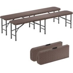 Set of 2 180cm Folding Bench Rattan-Like HDPE Seat with Lock-Coffee