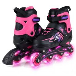 Kids Inline Skates 4 Sizes Adjustable Light-Up Roller Skates for Boys and Girls Ages 7-9-Pink