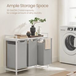 3-Section Laundry Hamper with Removable Bags, Laundry Basket with Shelf for Bedroom, 3 x 38 L, Grey